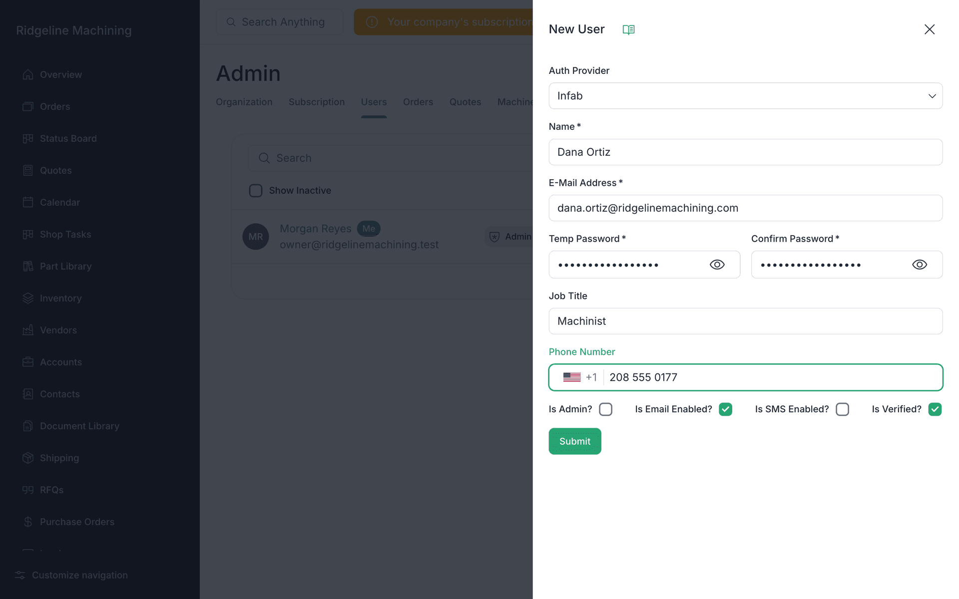 The New User drawer with Auth Provider set to Infab, the name, email and job title filled in, and the temp password masked.