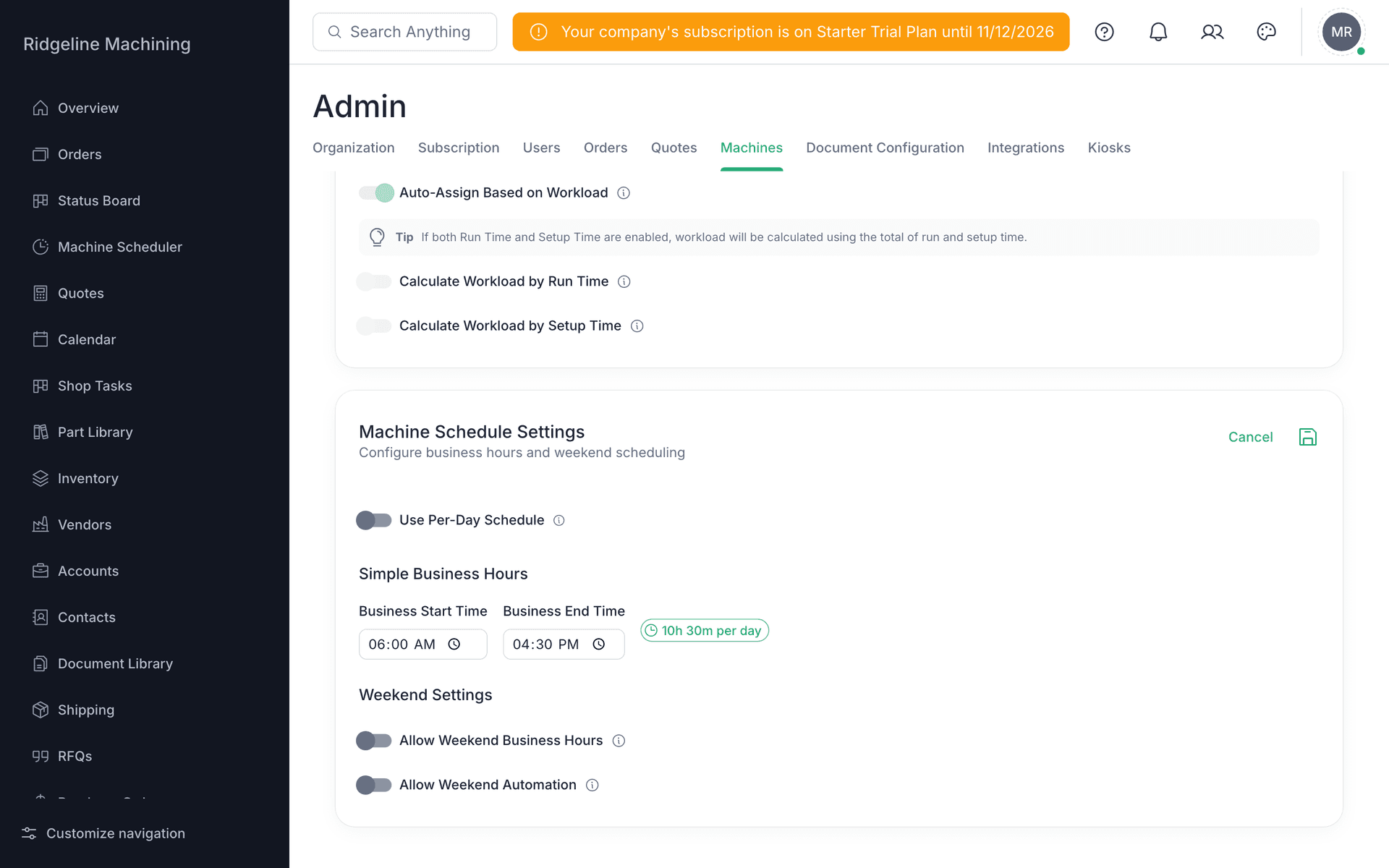 Admin Machines with Auto-Assign Based on Workload turned on and Business Start Time and Business End Time set to 06:00 and 16:30.