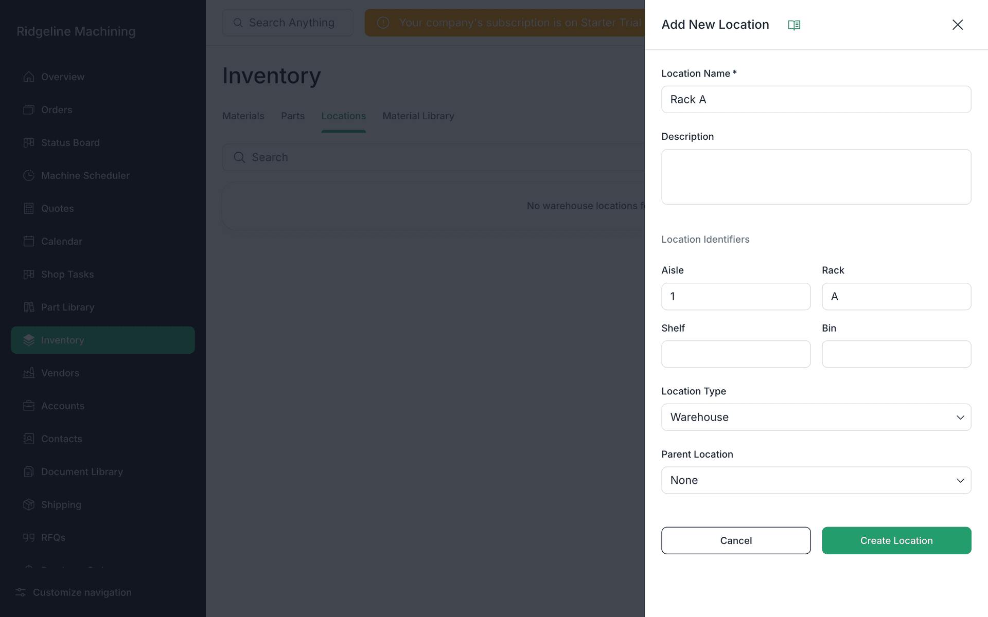 The Add New Location drawer for Rack A with Aisle 1, Rack A and Location Type Warehouse.