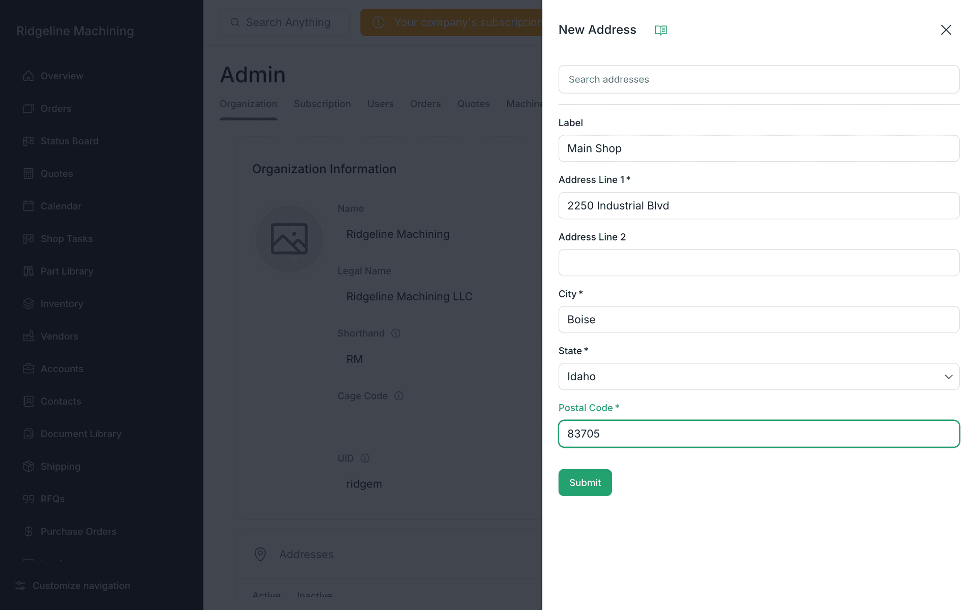 The New Address drawer on the Organization page, filled in with the Main Shop address in Boise, Idaho.