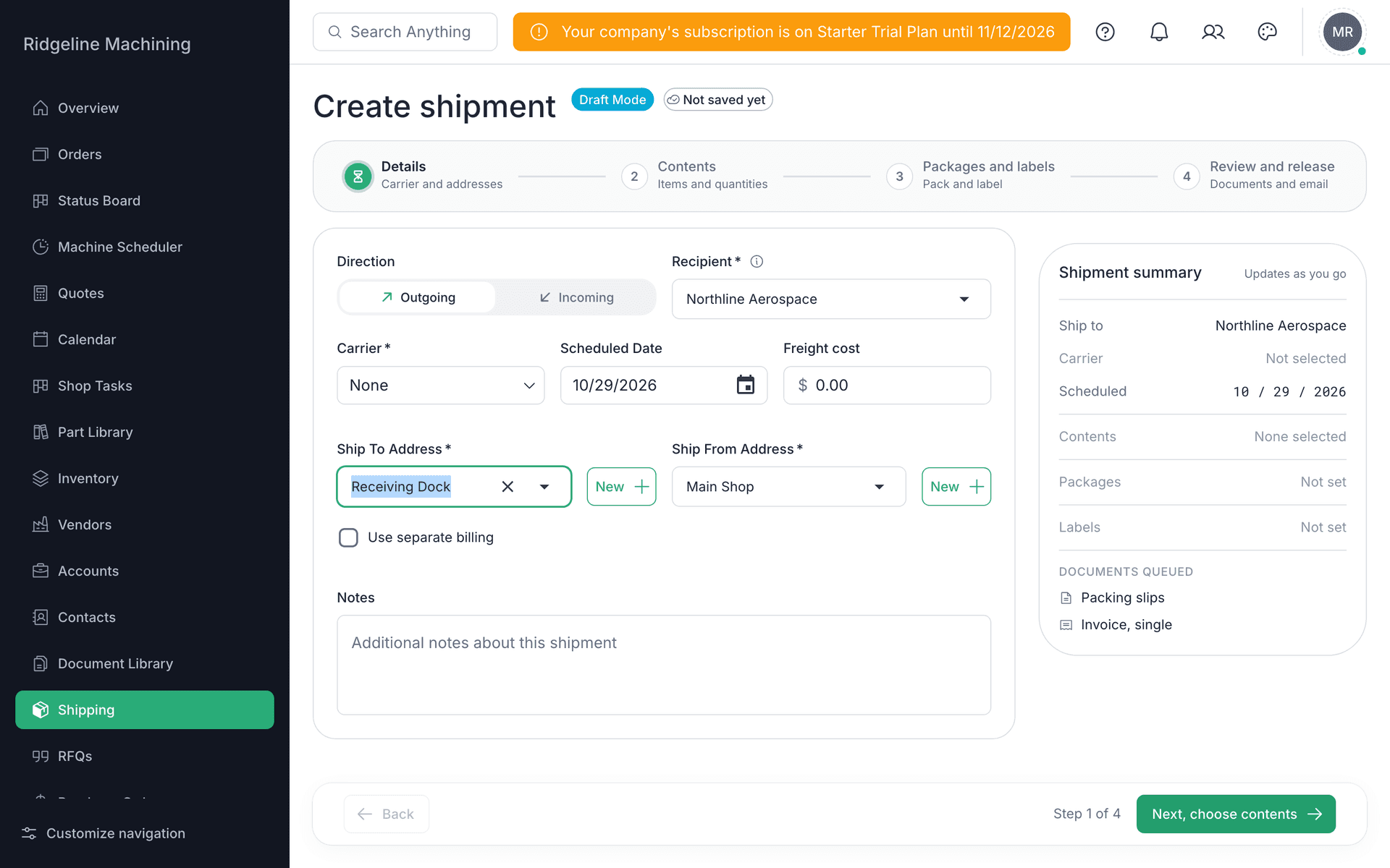 The Details step of Create shipment with Recipient Northline Aerospace, Ship To Address Receiving Dock and Ship From Address Main Shop filled in.