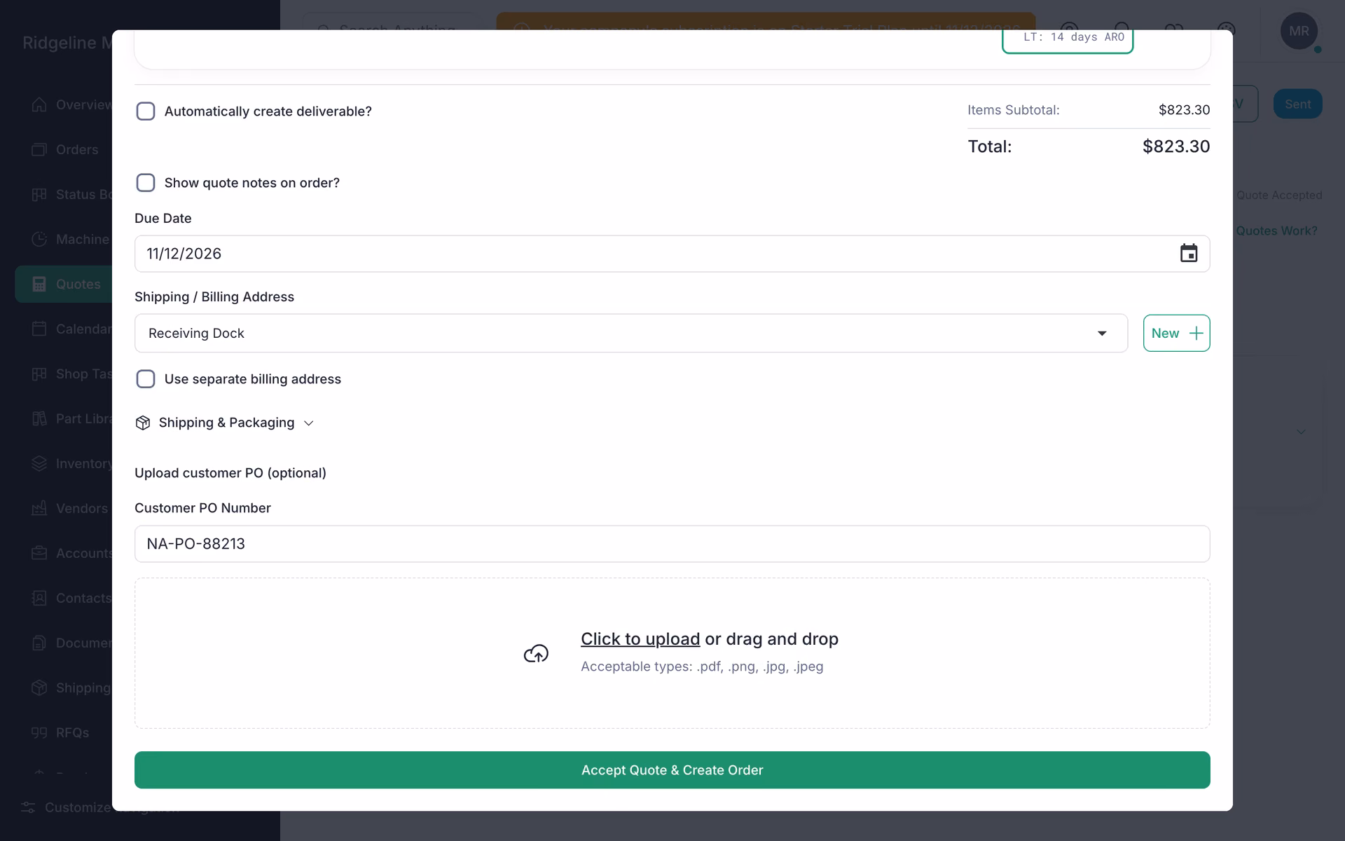 The Accept Quote dialog for Quote 11 with the bracket item selected and the Customer PO Number filled in.