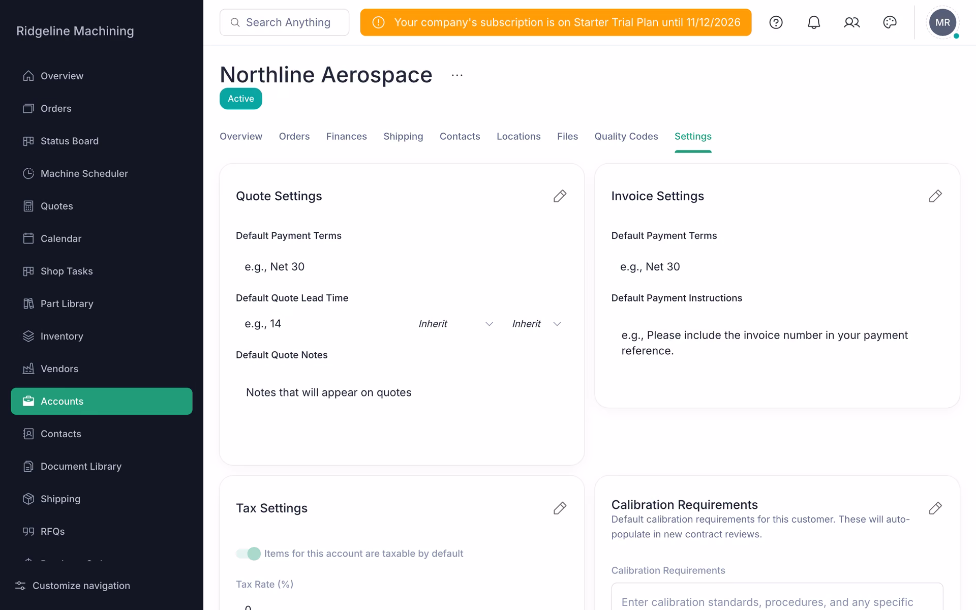 The Settings tab of the Northline Aerospace account: Quote Settings, Invoice Settings and Tax Settings cards.