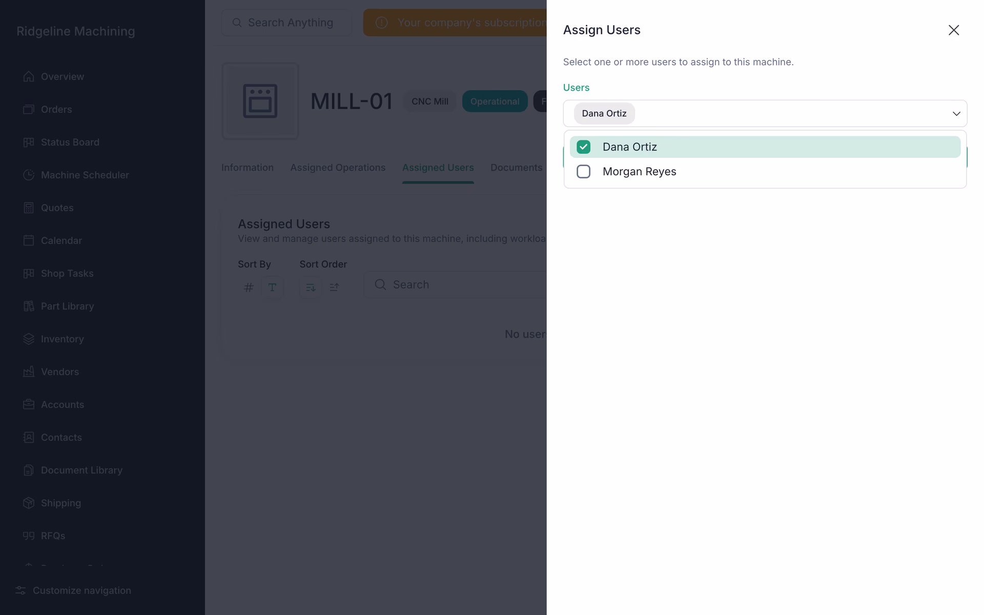 The Assign Users drawer on the MILL-01 machine page with Dana Ortiz selected.