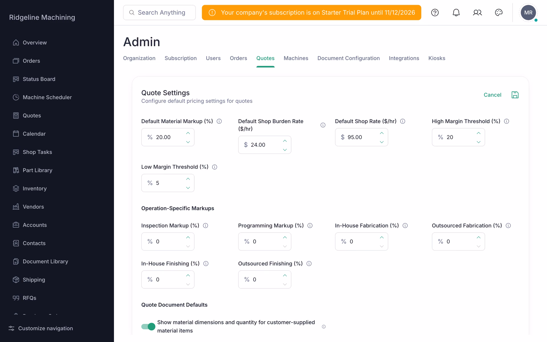 The Quote Settings card in edit mode with Default Shop Burden Rate ($/hr) set to 24.00.