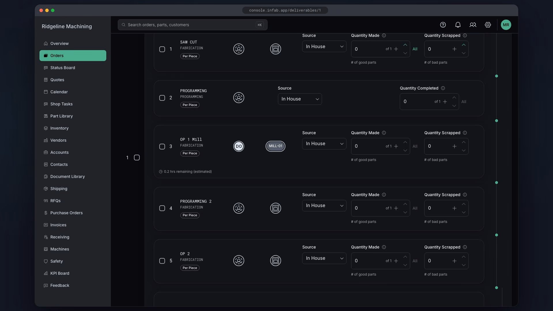 On the deliverable, the OP 1 Mill machine icon opens the "Machines for OP 1 Mill" popover, Assign puts MILL-01 on the row, the toast "Updated assigned machines" shows, and the users badge fills with "DO".