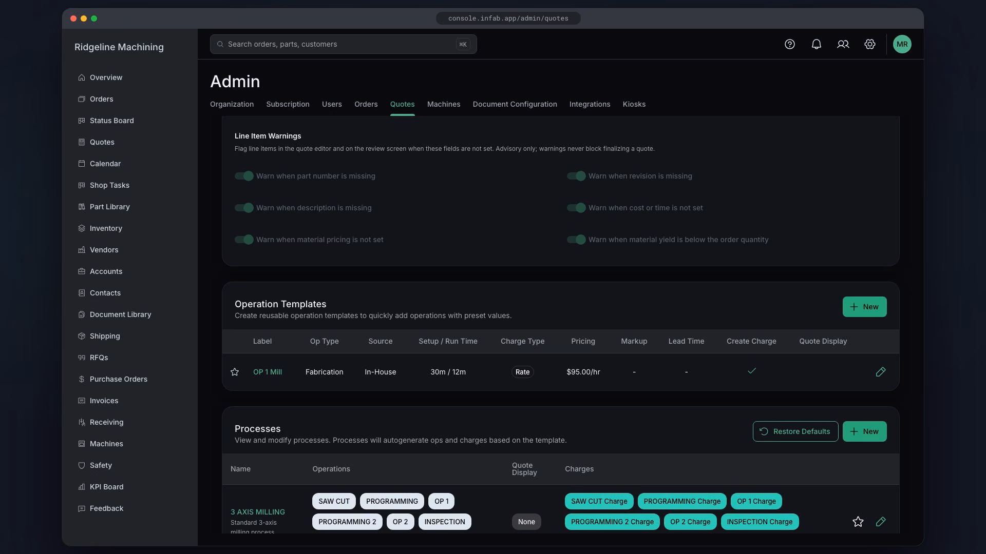 The Operation Templates card opens the Create Operation Template drawer, "OP 1 Mill" is filled in with Setup 30, Run 12, "Auto-create charge when applied" on, Type Rate and 95, and Save Template shows the toast "Operation template created" and the new row.