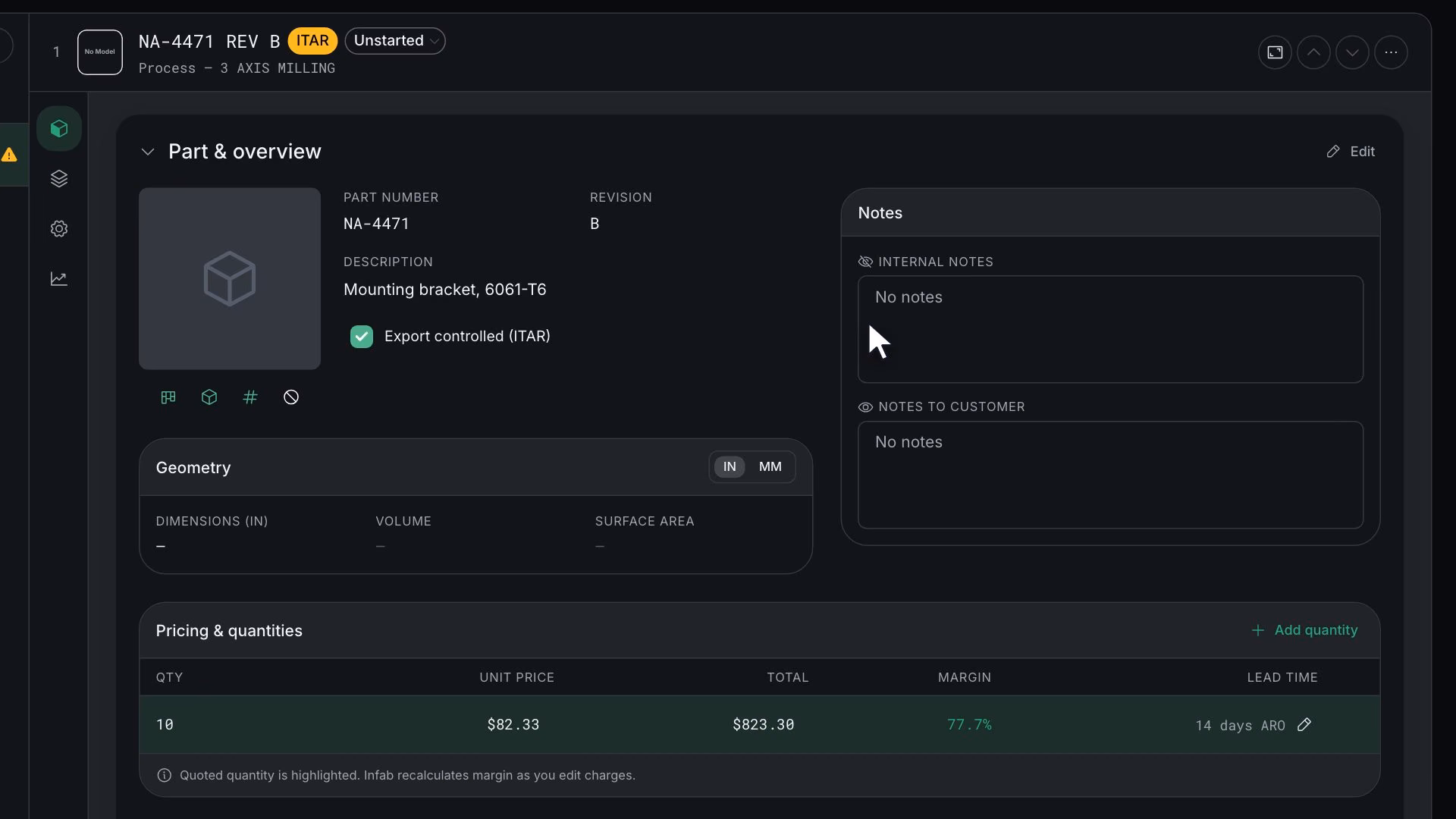 In the quote item, Set Process picks 3 AXIS MILLING and Apply Template, the toast "Process template applied" shows, seven operation rows open one by one under Operations & charges, and the price counts up to $823.30.