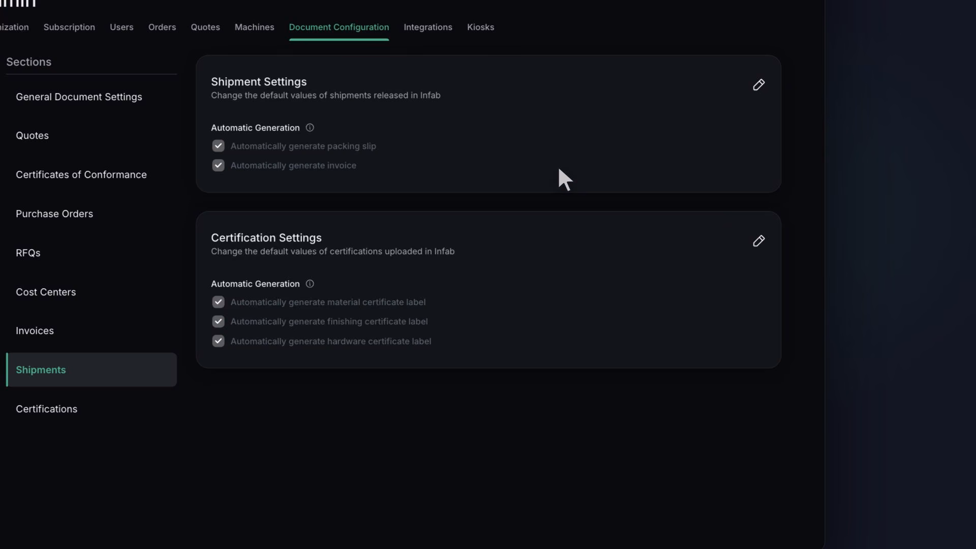 In Shipment Settings, both Automatic Generation switches turn on, and Save shows the toast "Shipment settings updated successfully".
