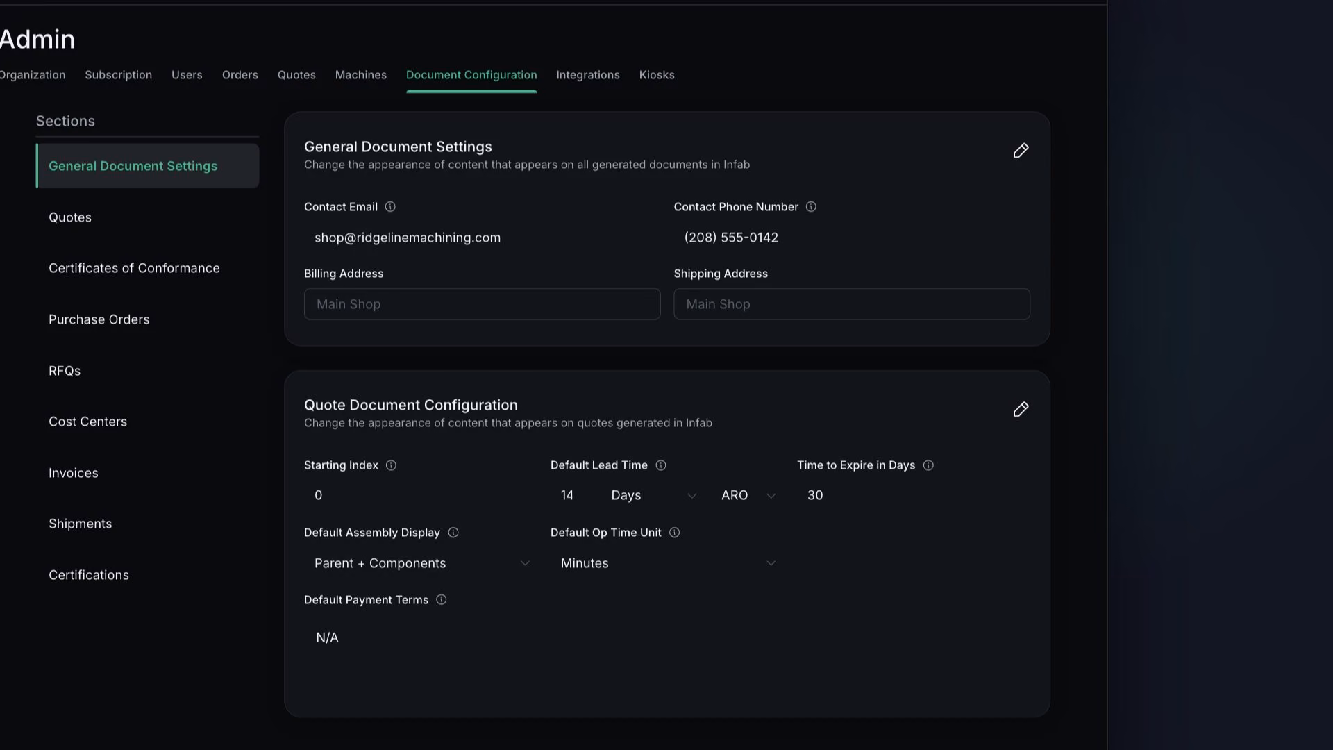 In General Document Settings, Contact Email is typed, the Shipping Address select opens and picks "Main Shop", and Save shows the toast "Document settings updated successfully".