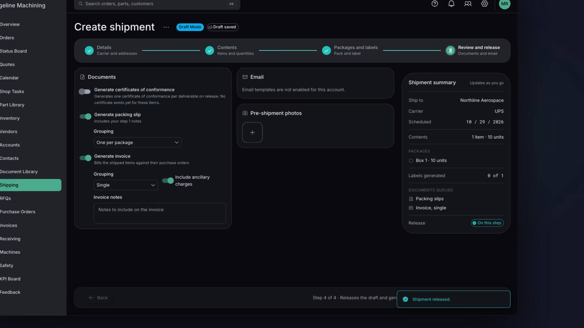 On the Review and release step, the packing slip and invoice toggles are lit, Release shipment is clicked, and a toast reads "Shipment released."