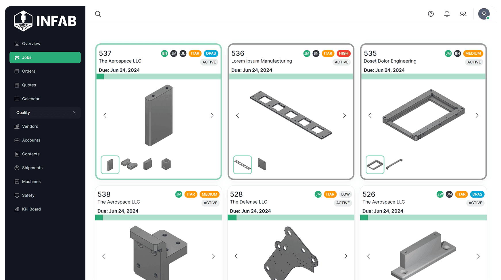 Infab jobs board showing active machine shop jobs with part models, due dates, and ITAR and DPAS flags