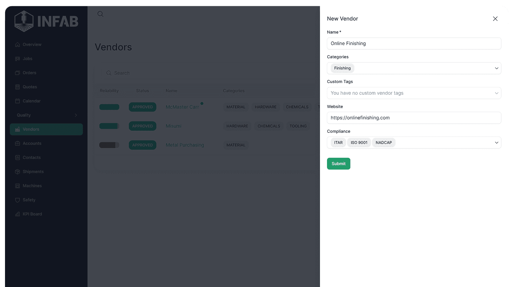 Infab vendors page with the new vendor form open, showing categories and ITAR, ISO 9001, and NADCAP compliance tags