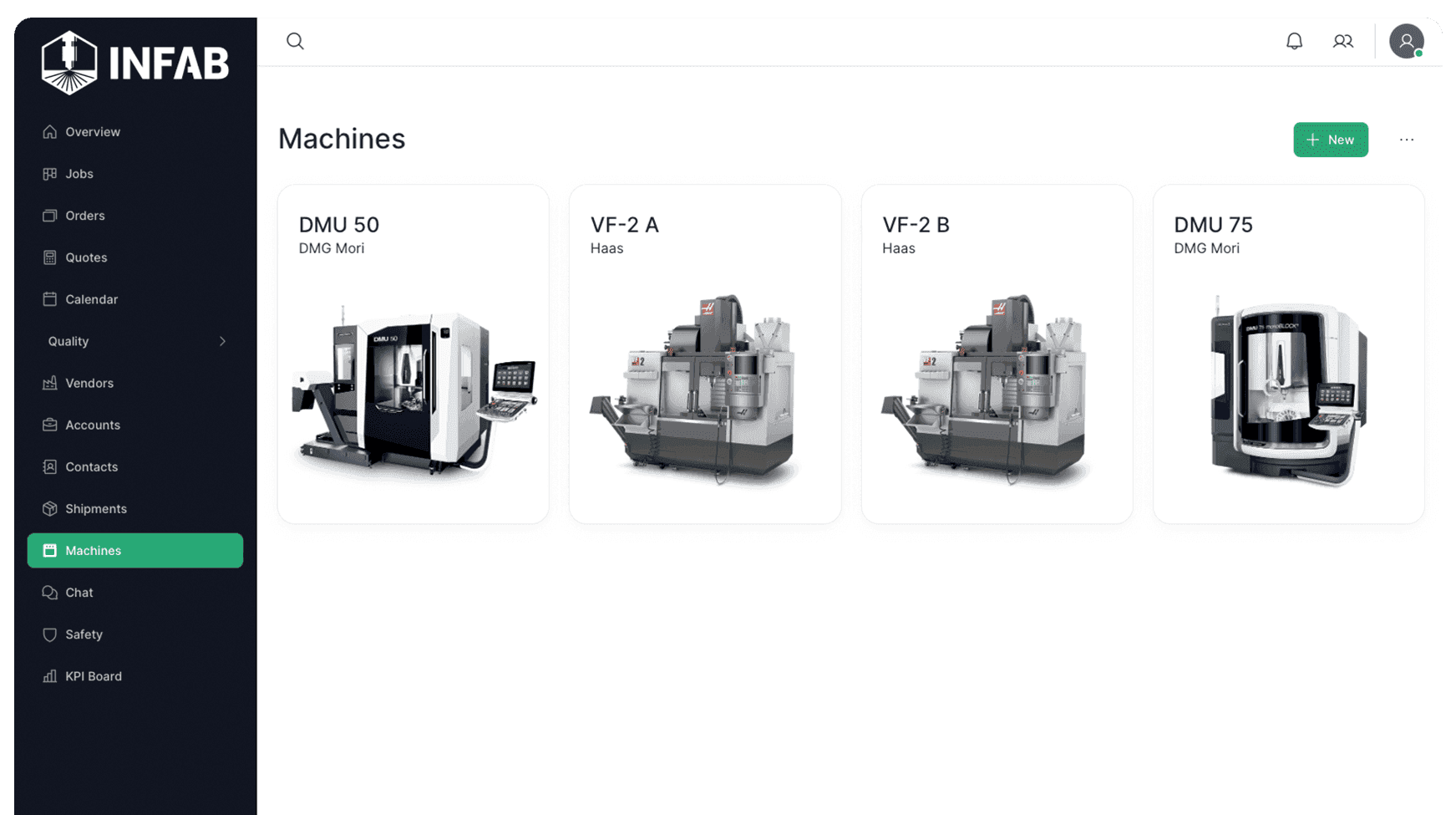 Infab machines page showing DMG Mori and Haas machining centers as cards