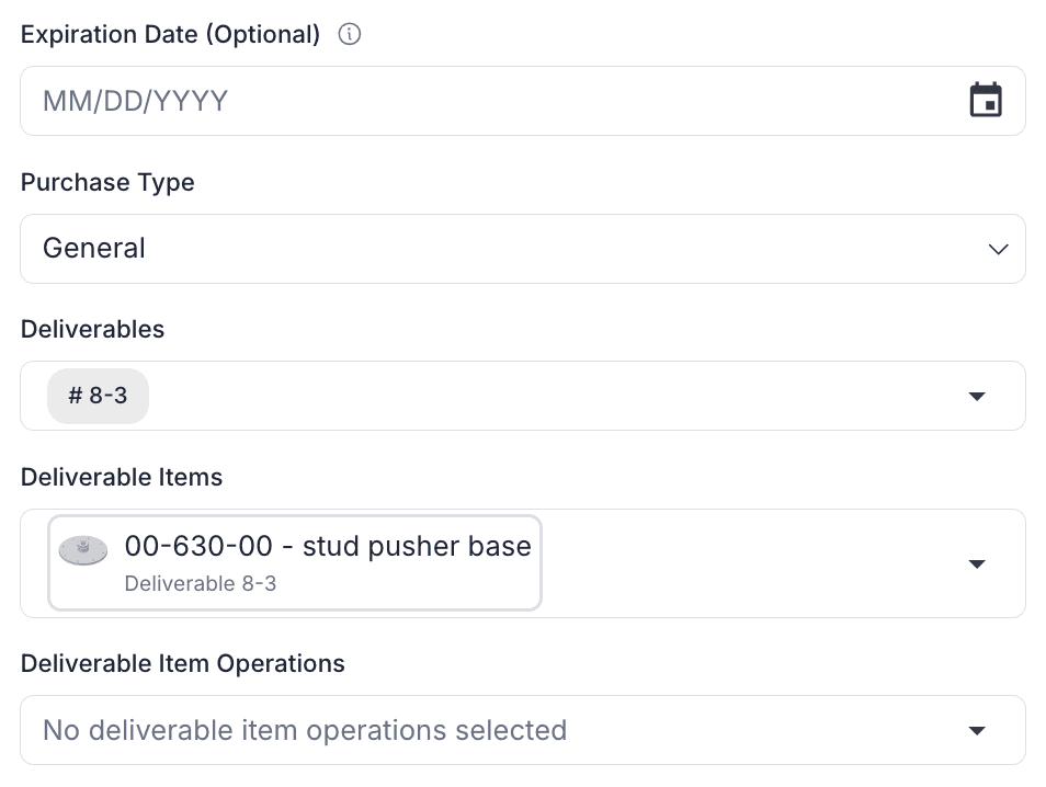 The Infab purchase order form, with the purchase type, the deliverable, and the deliverable item picked from the job