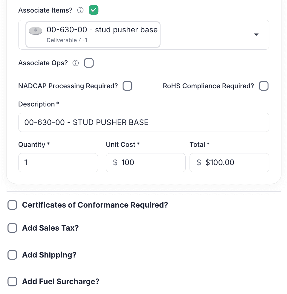 A purchase order line item in Infab, showing the associated part, description, quantity, unit cost, and the tax, shipping, and surcharge options