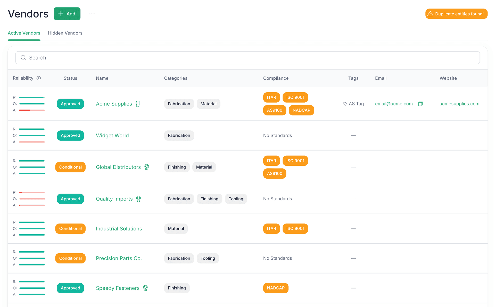 The Infab vendor list, with a reliability score, an approval status, categories, and ITAR, ISO 9001, AS9100, and NADCAP compliance chips on every vendor