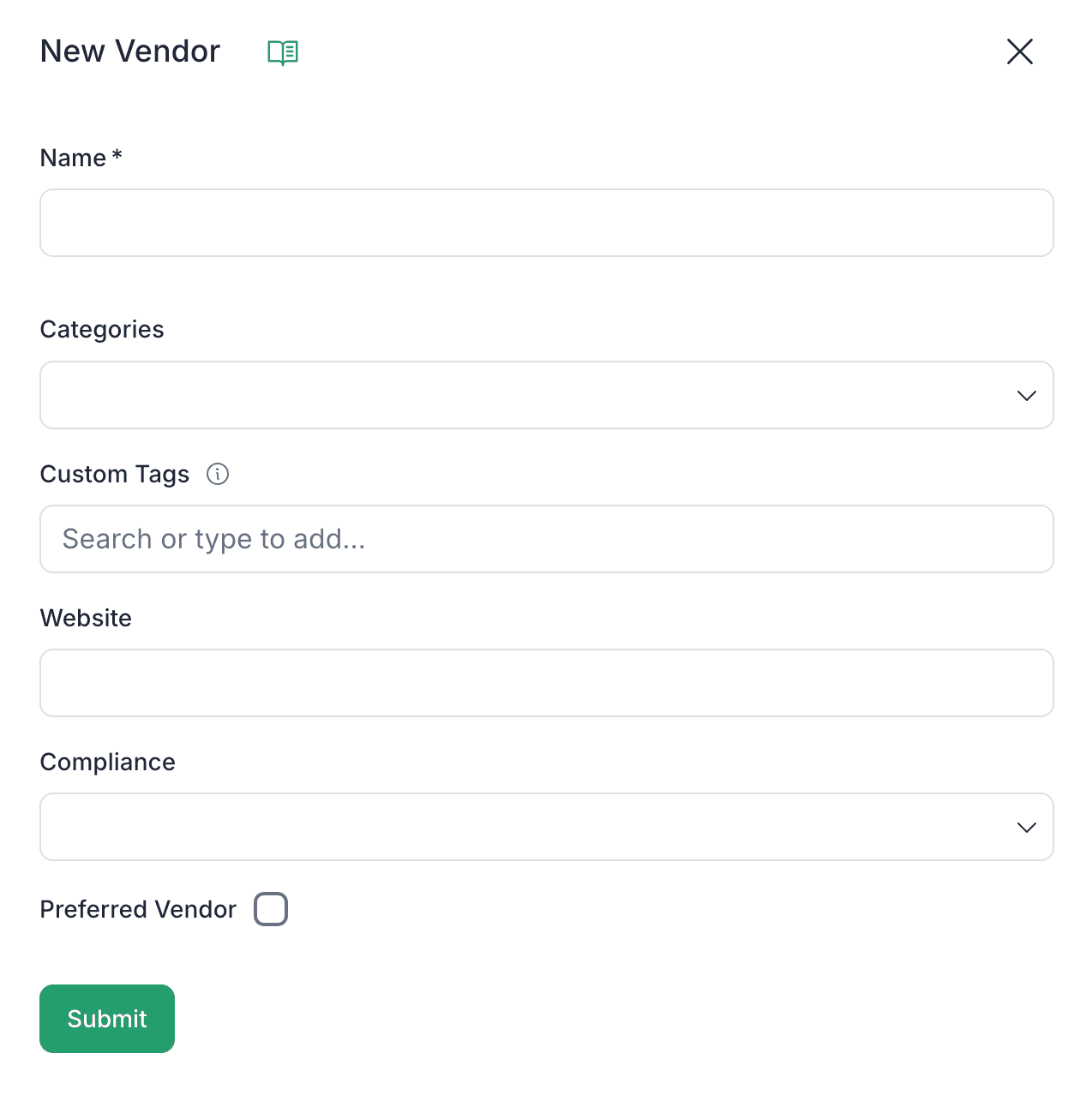 The new vendor form in Infab, with fields for the name, categories, custom tags, website, compliance standards, and preferred vendor status