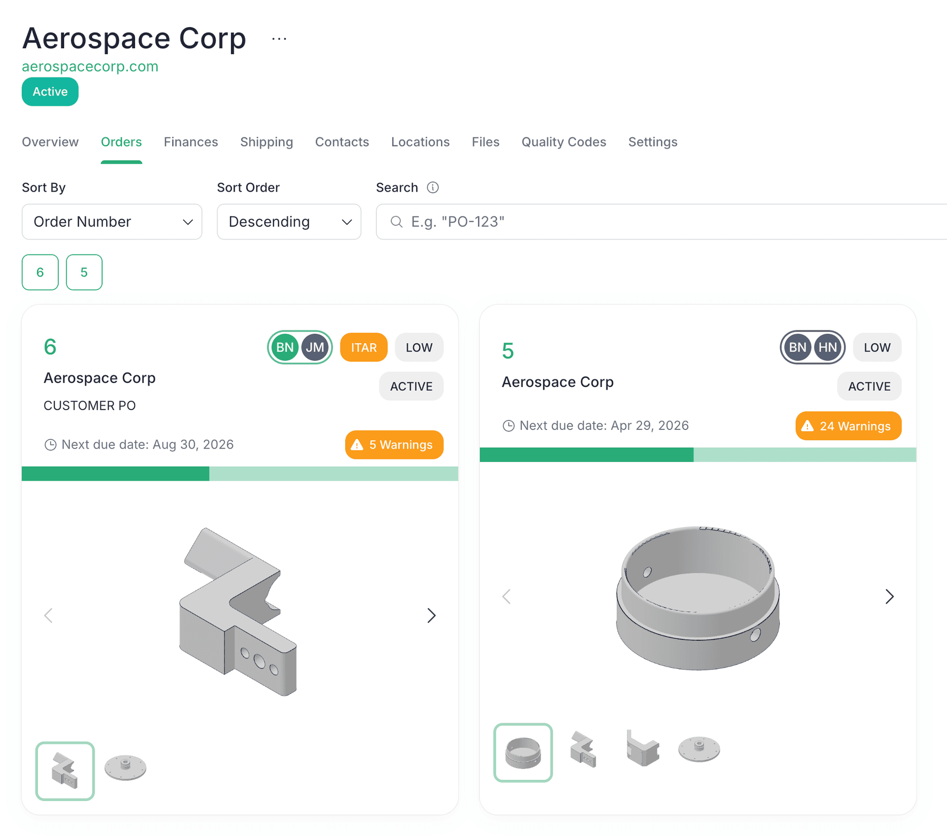 The Orders tab of a customer account in Infab, listing that account's orders with their managers, due dates, warnings, and progress